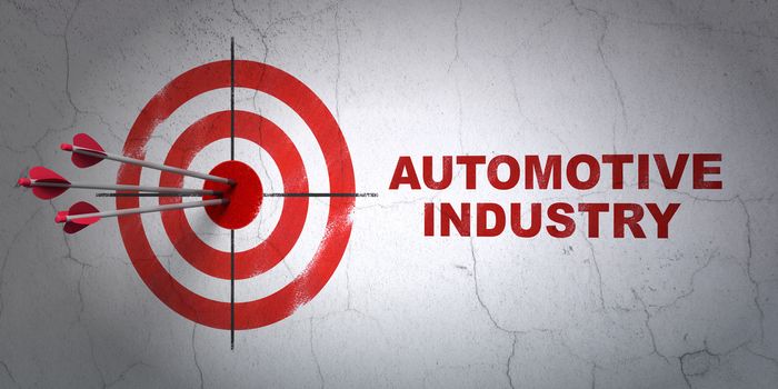 Success Industry concept: arrows hitting the center of target, Red Automotive Industry on wall background, 3D rendering