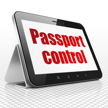 Travel concept: Tablet Computer with red text Passport Control on display, 3D rendering