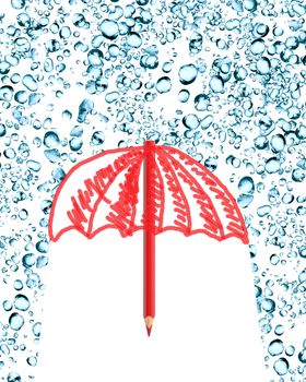 Art concept. Umbrella drawing with red pencil under water drops