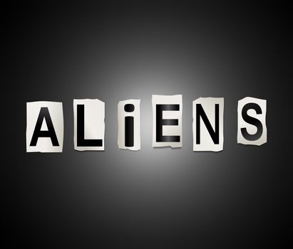 Illustration depicting a set of cut out printed letters arranged to form the word aliens.