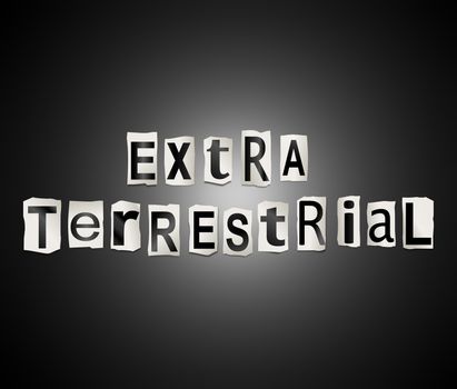 Illustration depicting a set of cut out printed letters arranged to form the words extra terrestrial.