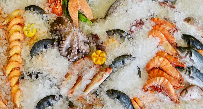 fresh sea food market ice display with fish