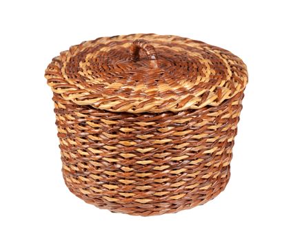 basket brown-yellow made using newspaper tubes isolated on white background