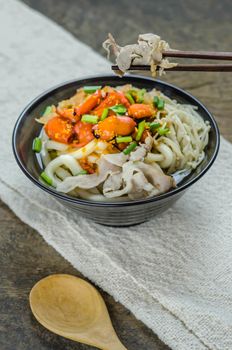 Korean hot spicy noodles with kimchi and seafood