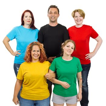 Photo of five people wearing blue, black, red, gold, and green blank t-shirts similar to the colours of the olympic rings. Ready for your design or artwork.