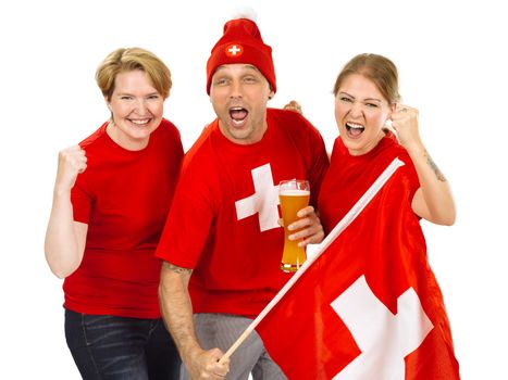 Photo of three Swiss sports fans cheering for their team.