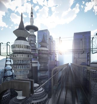 aerial view of Sci Fi City with clouds and sun 3d illustration