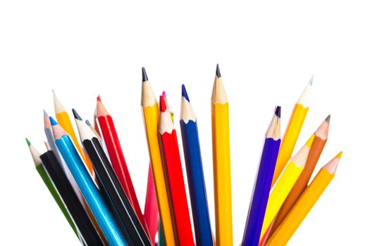 set of multicolored sharpened pencils on a white background