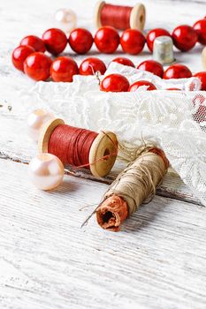 Bright red coral beads,lace and beads set of threads