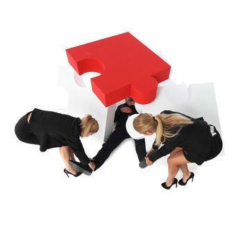 Business women saving businessman from heap of problems concept, isolated on white background