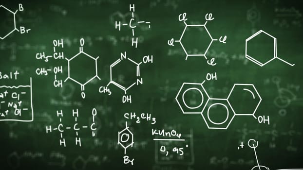 Chemical formulas on green background. Science concept.