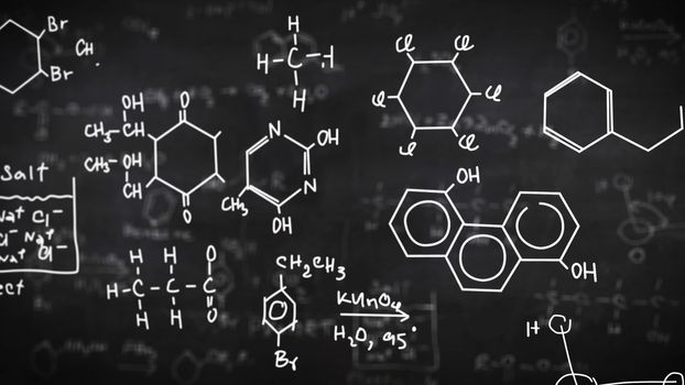 Chemical formulas on black background. Science concept.