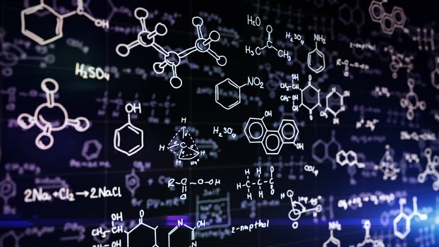 Chemical formulas on blue background. Science concept.
