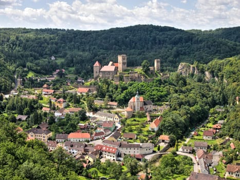 View from scenic spot on valley with Hardegg town and castle in Lower Austria.  