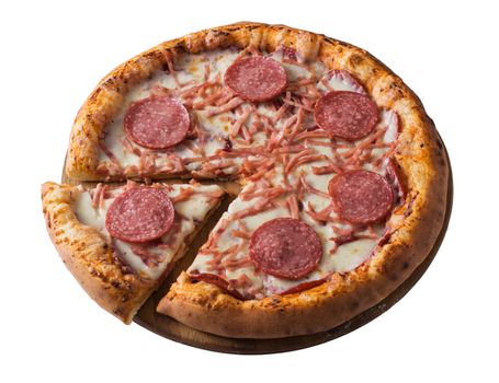 Tasty pizza with ham and salami isolated on white