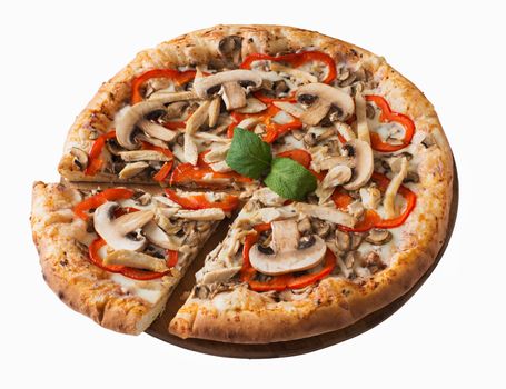 Tasty pizza with chicken, mushrooms and pepper isolated on white