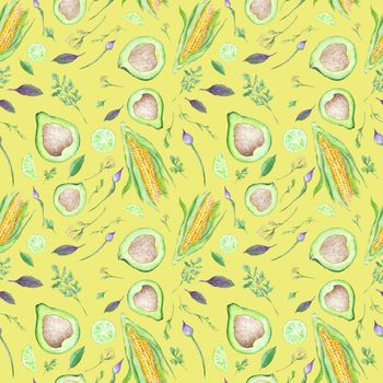 Seamless vegetarian pattern with watercolor vegetable illustrations on bright yellow color