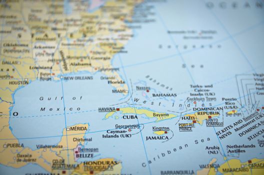 Cuba in close up on the map. Focus on the name of country.



