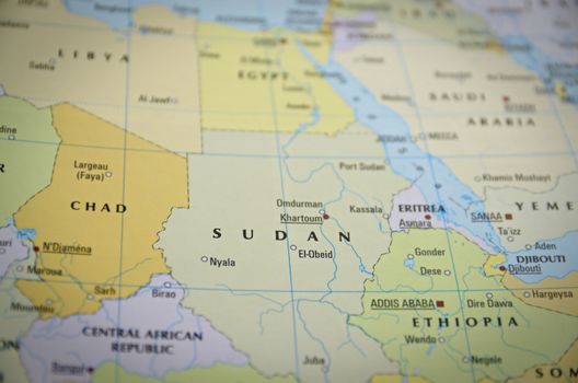 Sudan in close up on the map. Focus on the name of country.



