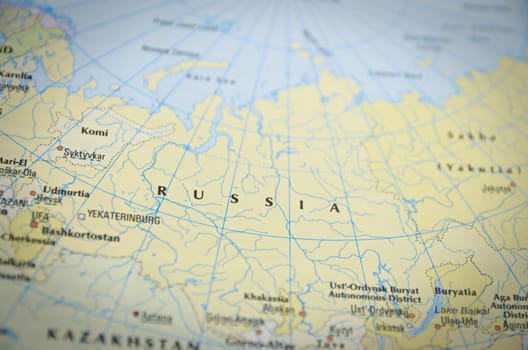 Russia in close up on the map. Focus on the name of country.



