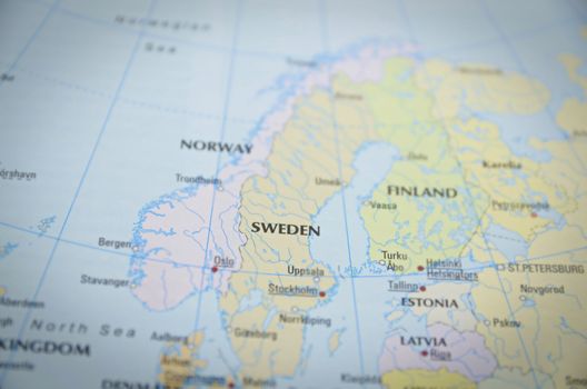 Sweden in close up on the map. Focus on the name of country.



