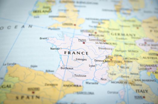 France in close up on the map. Focus on the name of country.



