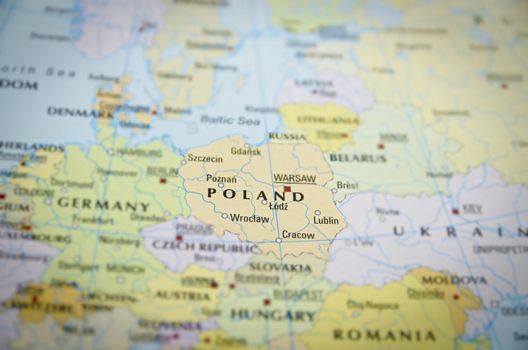 Poland in close up on the map. Focus on the name of country.


