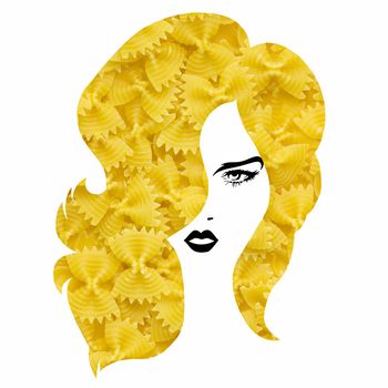 Creative concept photo of a woman with pasta hairstyle on white background.