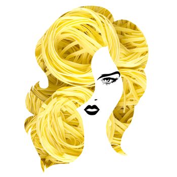 Creative concept photo of a woman with pasta hairstyle on white background.