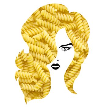 Creative concept photo of a woman with pasta hairstyle on white background.