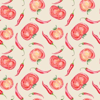 Seamless kitchen texture with red vegetables on beige background