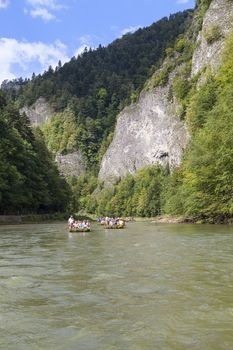 SZCZAWNICA, POLAND - AUGUST 14, 2016 : Dunajec River Gorge .View from boat rafting. 18-kilometer  route runs through the Pieniny Mountains to Szczawnica, National Park,  by river on the border between Poland and Slovakia.