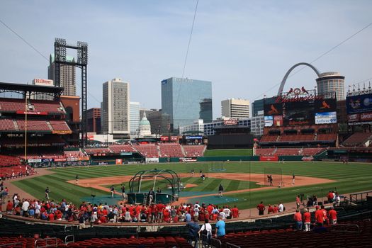 Fans gather for a St. Louis Cardinals baseball game at Busch Stadium.