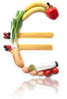 Euro currency sign made from food groceries over a white background 