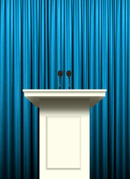 white podium over blue curtain background