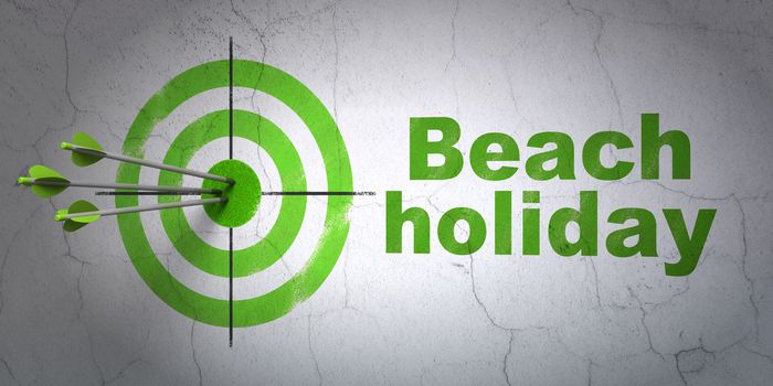 Success tourism concept: arrows hitting the center of target, Green Beach Holiday on wall background, 3D rendering