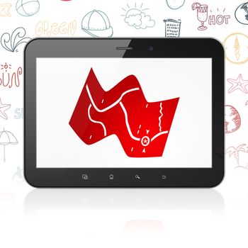 Tourism concept: Tablet Computer with  red Map icon on display,  Hand Drawn Vacation Icons background, 3D rendering
