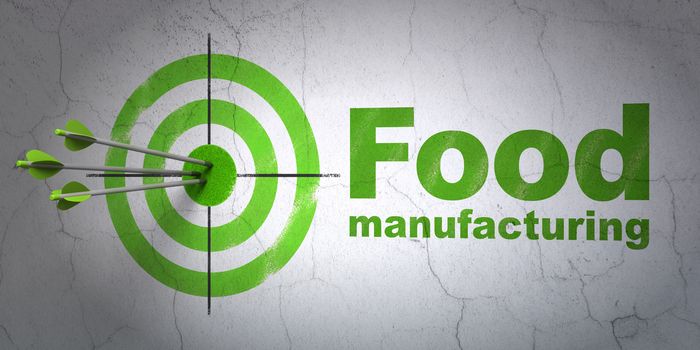 Success Industry concept: arrows hitting the center of target, Green Food Manufacturing on wall background, 3D rendering