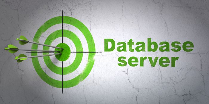 Success Software concept: arrows hitting the center of target, Green Database Server on wall background, 3D rendering