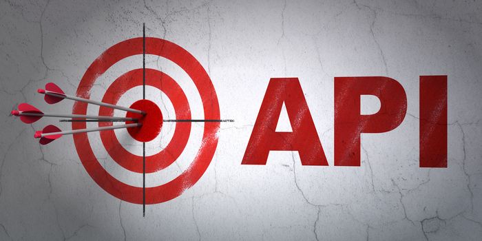 Success Software concept: arrows hitting the center of target, Red Api on wall background, 3D rendering