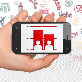 Political concept: Hand Holding Smartphone with  red Election icon on display,  Hand Drawn Politics Icons background, 3D rendering