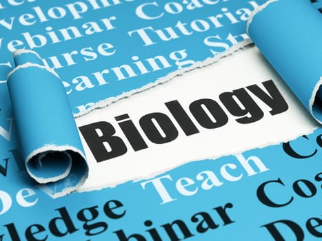 Education concept: black text Biology under the curled piece of Blue torn paper with  Tag Cloud, 3D rendering