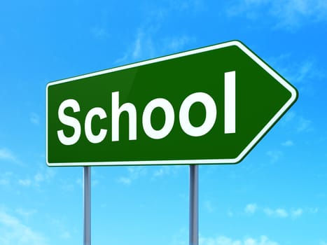 Education concept: School on green road highway sign, clear blue sky background, 3D rendering