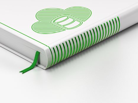 Cloud networking concept: closed book with Green Database With Cloud icon on floor, white background, 3D rendering