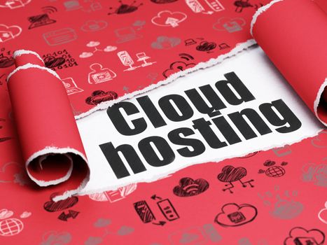 Cloud networking concept: black text Cloud Hosting under the curled piece of Red torn paper with  Hand Drawn Cloud Technology Icons, 3D rendering
