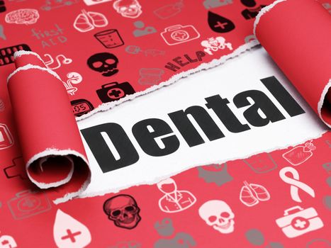 Medicine concept: black text Dental under the curled piece of Red torn paper with  Hand Drawn Medicine Icons, 3D rendering