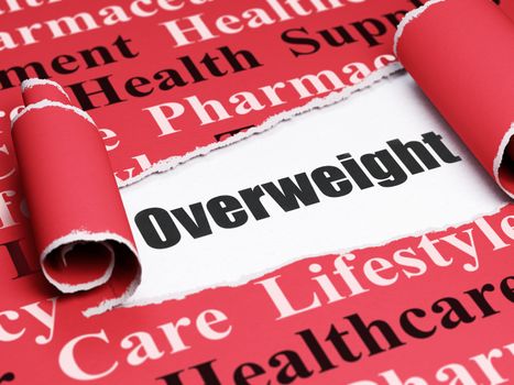 Health concept: black text Overweight under the curled piece of Red torn paper with  Tag Cloud, 3D rendering