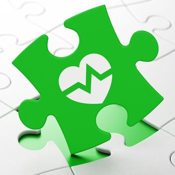Healthcare concept: Heart on Green puzzle pieces background, 3D rendering