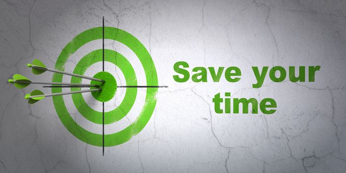 Success timeline concept: arrows hitting the center of target, Green Save Your Time on wall background, 3D rendering