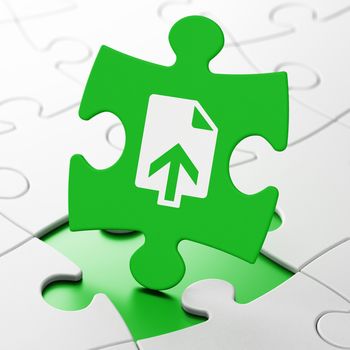 Web design concept: Upload on Green puzzle pieces background, 3D rendering